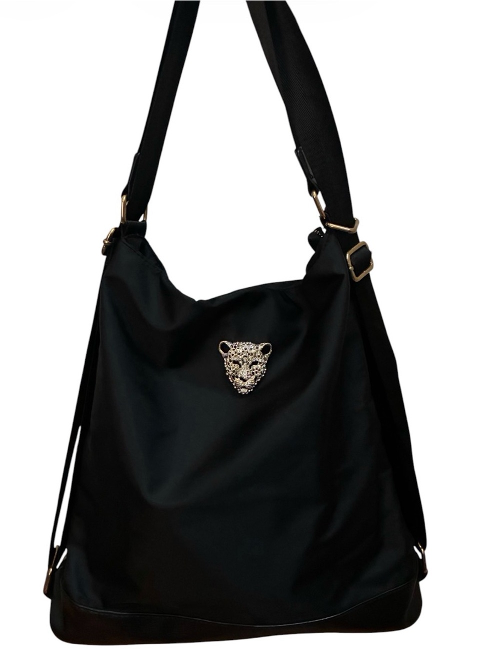 Vince Camuto Black Nylon Convertible Backpack Shoulder Bag Rhinestone Panther